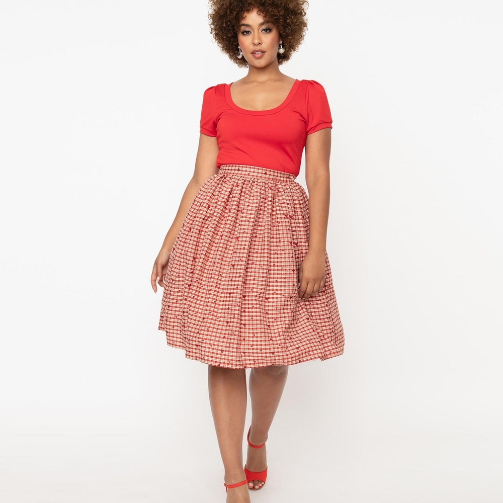Unique Vintage Red Checkered A-Line Skirt